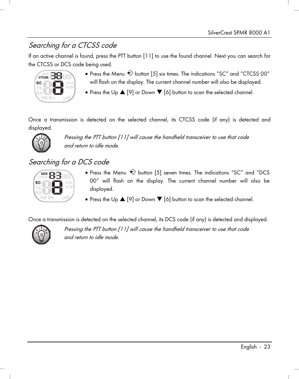Searching for a ctcss code, Searching for a dcs code | Silvercrest SPMR 8000 A1 User Manual | Page 25 / 184