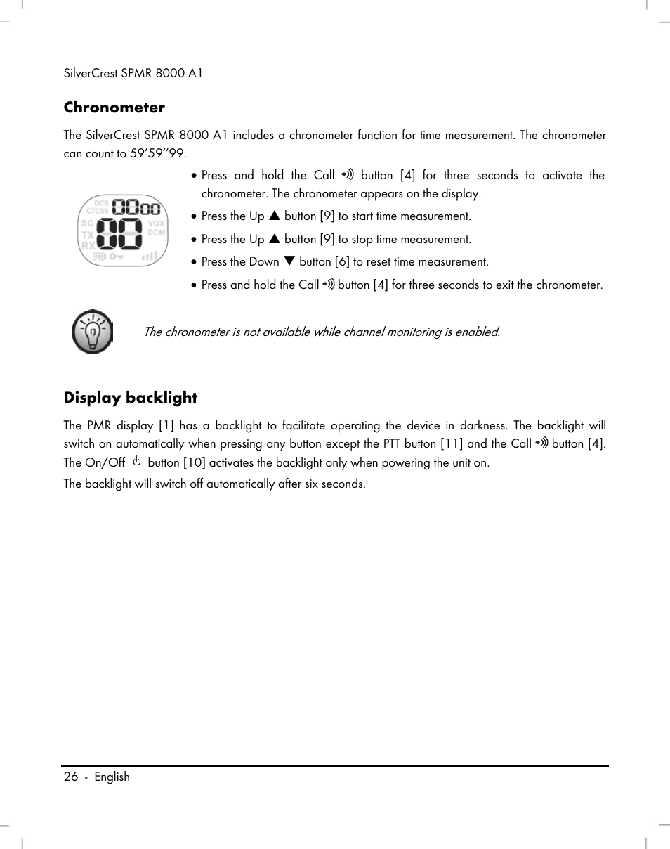 Chronometer, Display backlight | Silvercrest SPMR 8000 A1 User Manual | Page 28 / 184