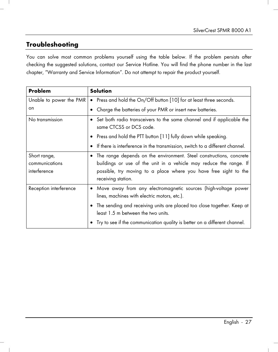 Troubleshooting | Silvercrest SPMR 8000 A1 User Manual | Page 29 / 184