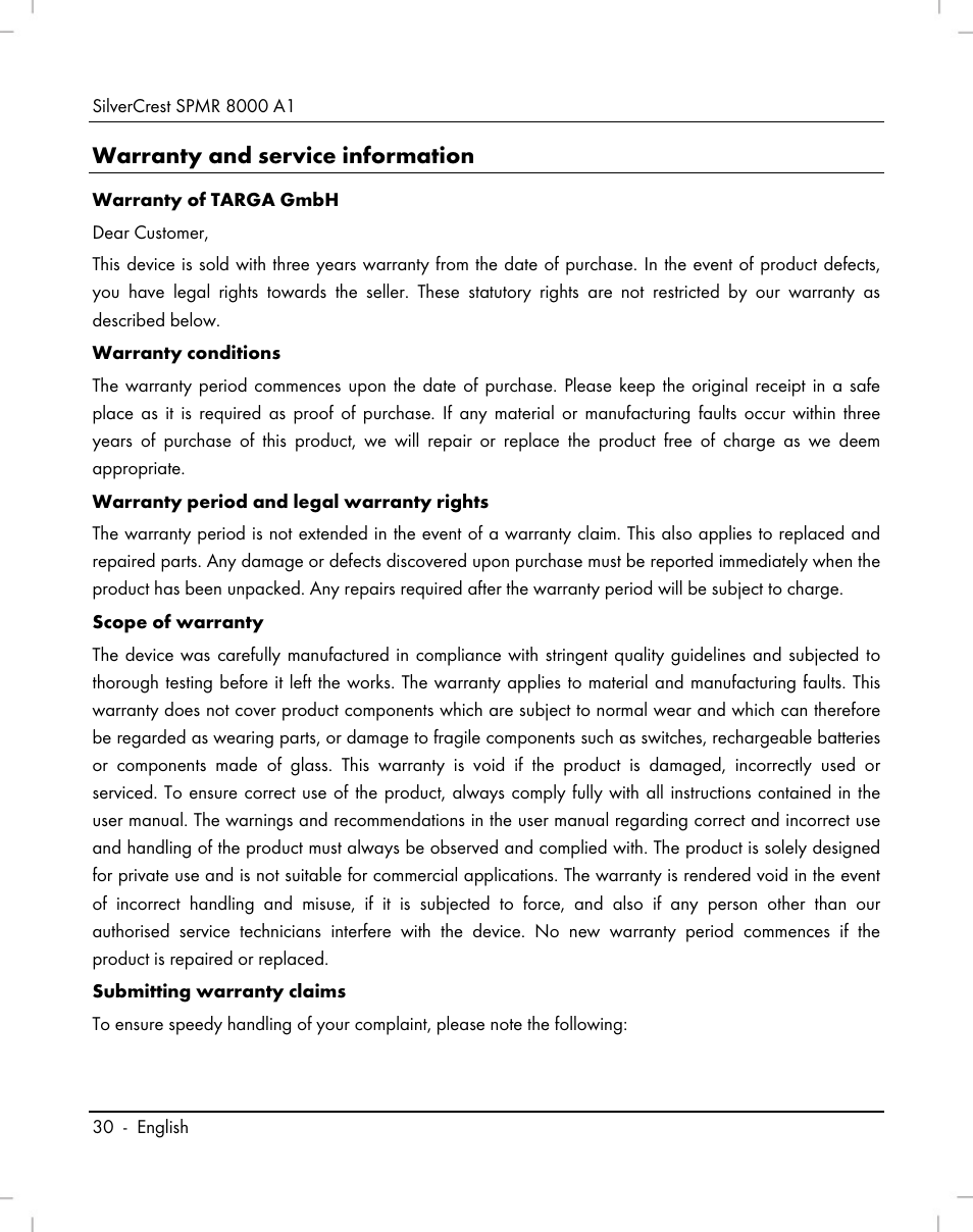 Warranty and service information | Silvercrest SPMR 8000 A1 User Manual | Page 32 / 184