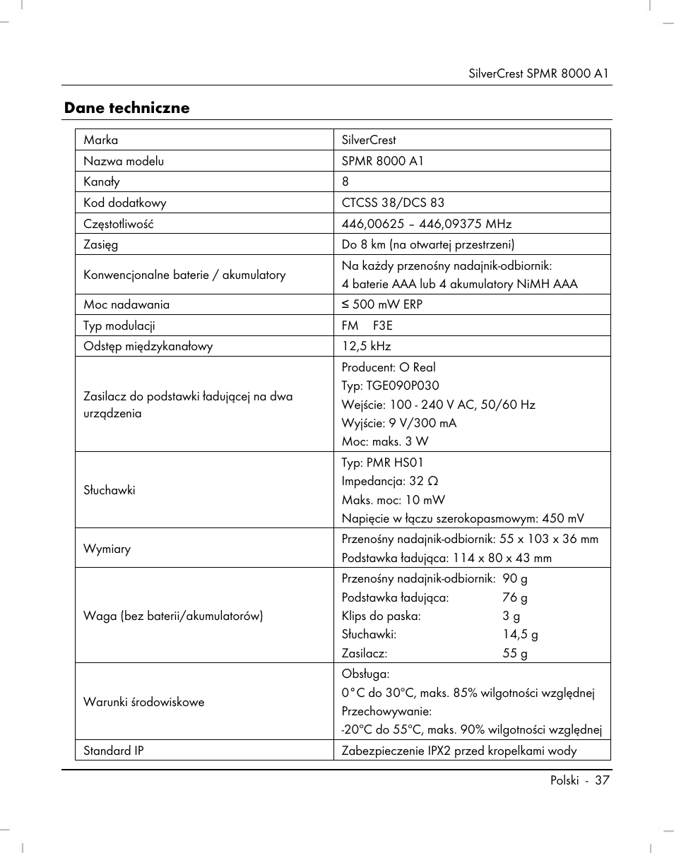 Dane techniczne | Silvercrest SPMR 8000 A1 User Manual | Page 39 / 184