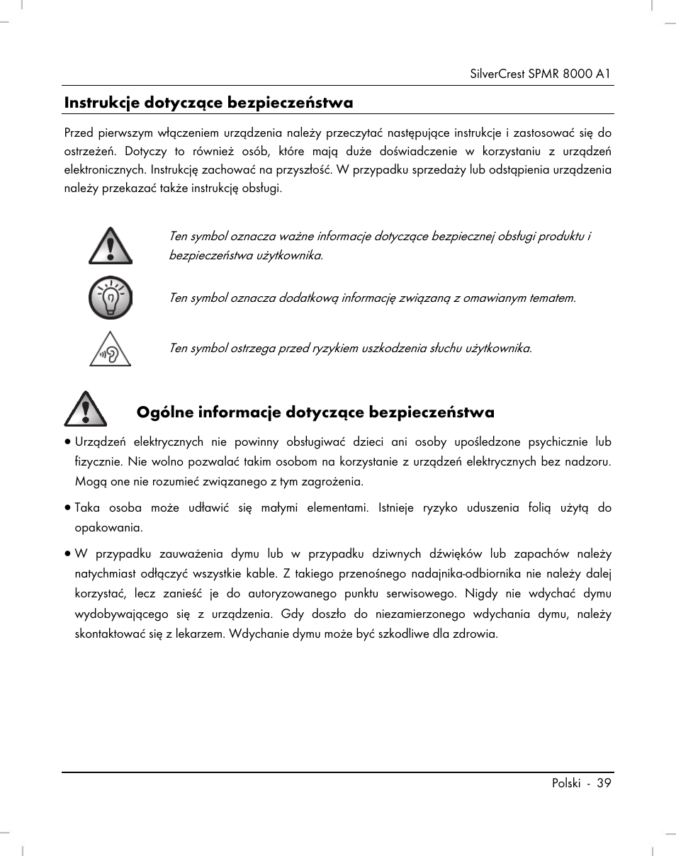 Instrukcje dotyczące bezpieczeństwa, Ogólne informacje dotyczące bezpieczeństwa | Silvercrest SPMR 8000 A1 User Manual | Page 41 / 184