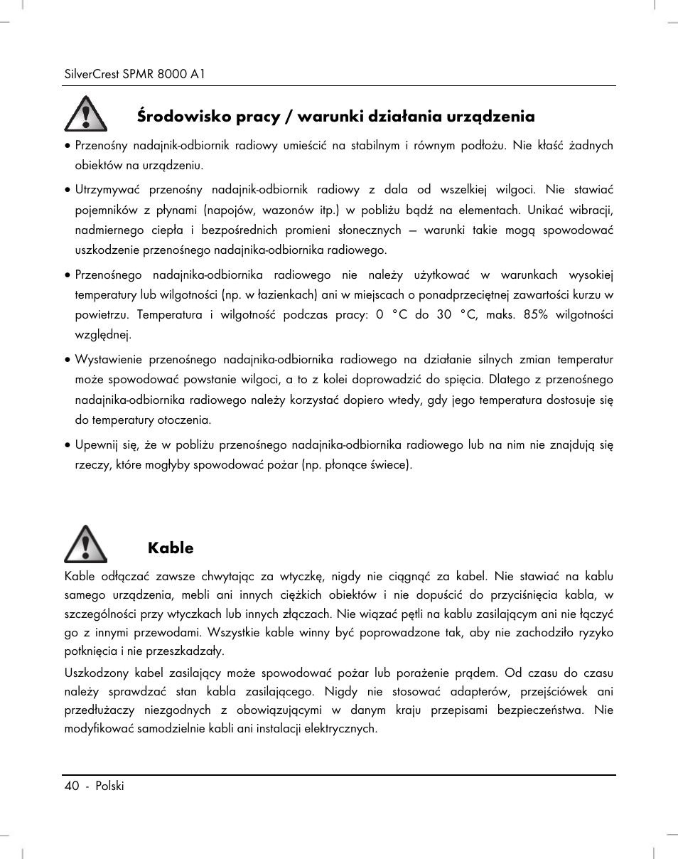Środowisko pracy / warunki działania urządzenia, Kable | Silvercrest SPMR 8000 A1 User Manual | Page 42 / 184