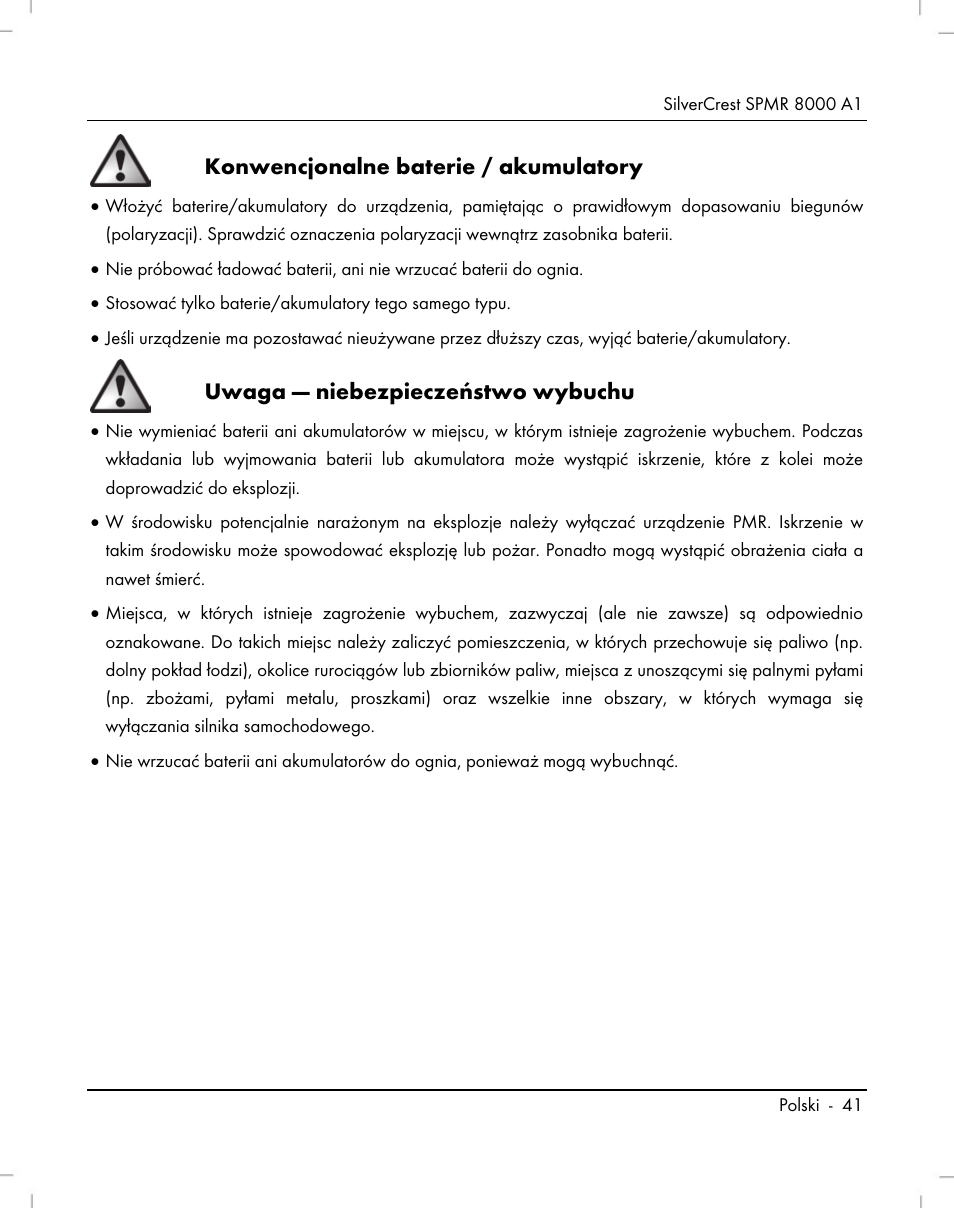 Konwencjonalne baterie / akumulatory, Uwaga — niebezpieczeństwo wybuchu | Silvercrest SPMR 8000 A1 User Manual | Page 43 / 184