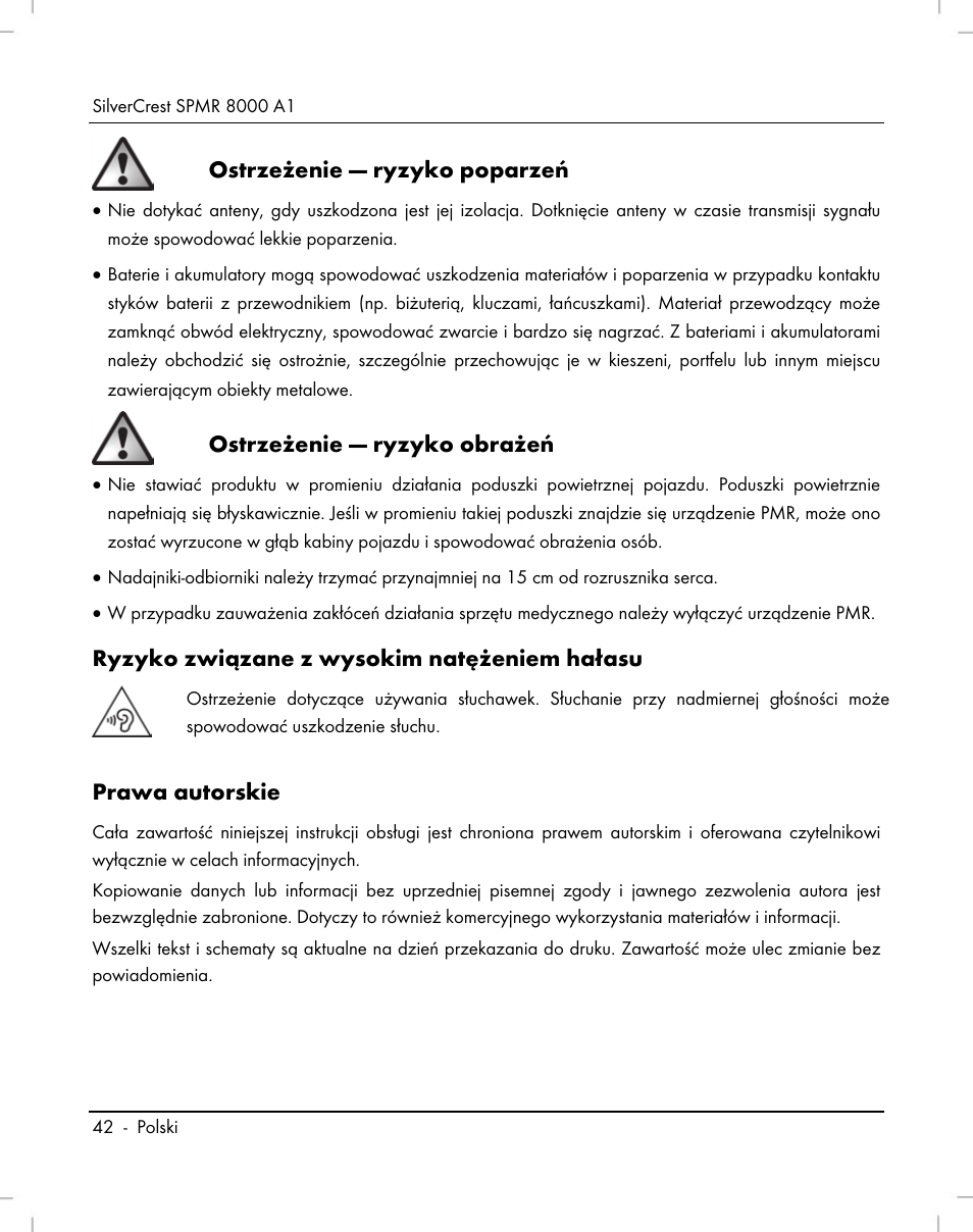 Ostrzeżenie — ryzyko poparzeń, Ostrzeżenie — ryzyko obrażeń, Ryzyko związane z wysokim natężeniem hałasu | Prawa autorskie | Silvercrest SPMR 8000 A1 User Manual | Page 44 / 184
