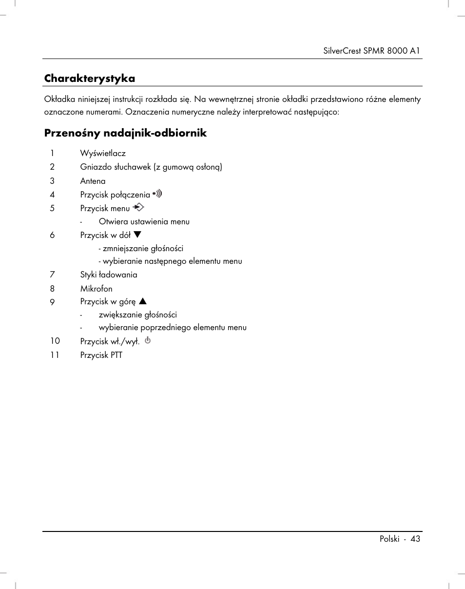 Charakterystyka, Przenośny nadajnik-odbiornik | Silvercrest SPMR 8000 A1 User Manual | Page 45 / 184