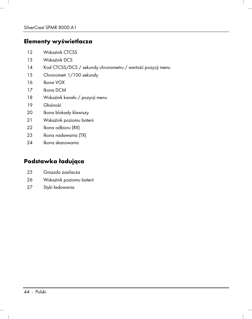 Elementy wyświetlacza, Podstawka ładująca | Silvercrest SPMR 8000 A1 User Manual | Page 46 / 184