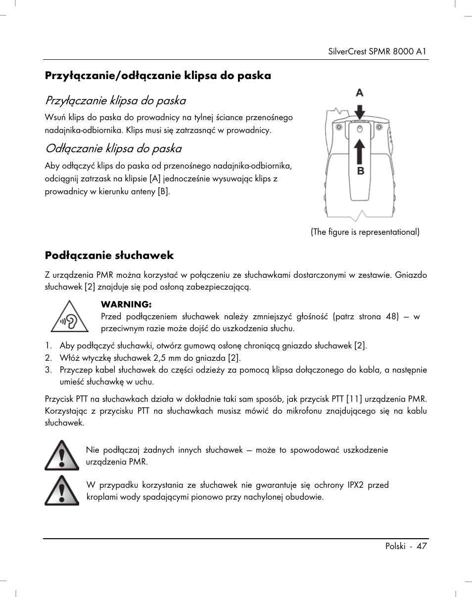Przyłączanie klipsa do paska, Odłączanie klipsa do paska, Przyłączanie/odłączanie klipsa do paska | Podłączanie słuchawek | Silvercrest SPMR 8000 A1 User Manual | Page 49 / 184