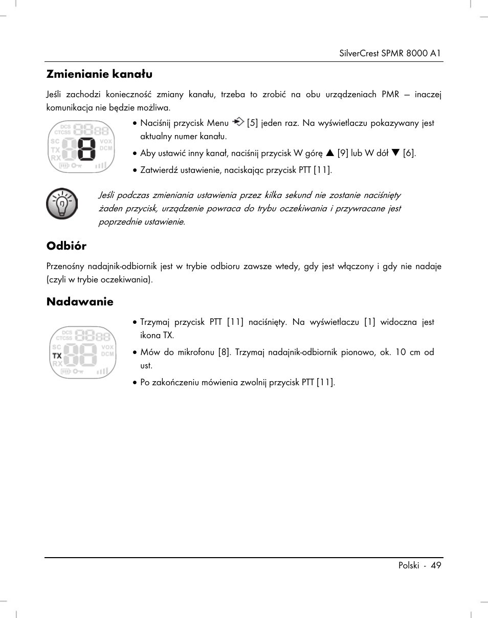 Zmienianie kanału, Odbiór, Nadawanie | Silvercrest SPMR 8000 A1 User Manual | Page 51 / 184