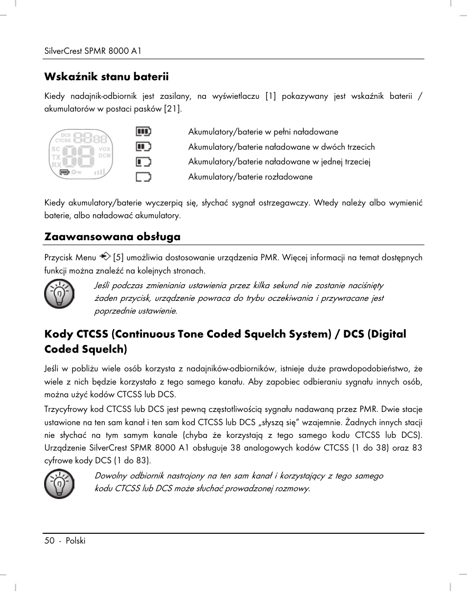 Wskaźnik stanu baterii, Zaawansowana obsługa | Silvercrest SPMR 8000 A1 User Manual | Page 52 / 184