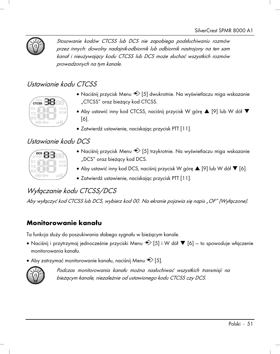 Ustawianie kodu ctcss, Ustawianie kodu dcs, Wyłączanie kodu ctcss/dcs | Silvercrest SPMR 8000 A1 User Manual | Page 53 / 184
