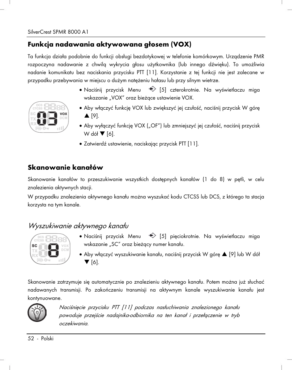 Wyszukiwanie aktywnego kanału, Funkcja nadawania aktywowana głosem (vox), Skanowanie kanałów | Silvercrest SPMR 8000 A1 User Manual | Page 54 / 184