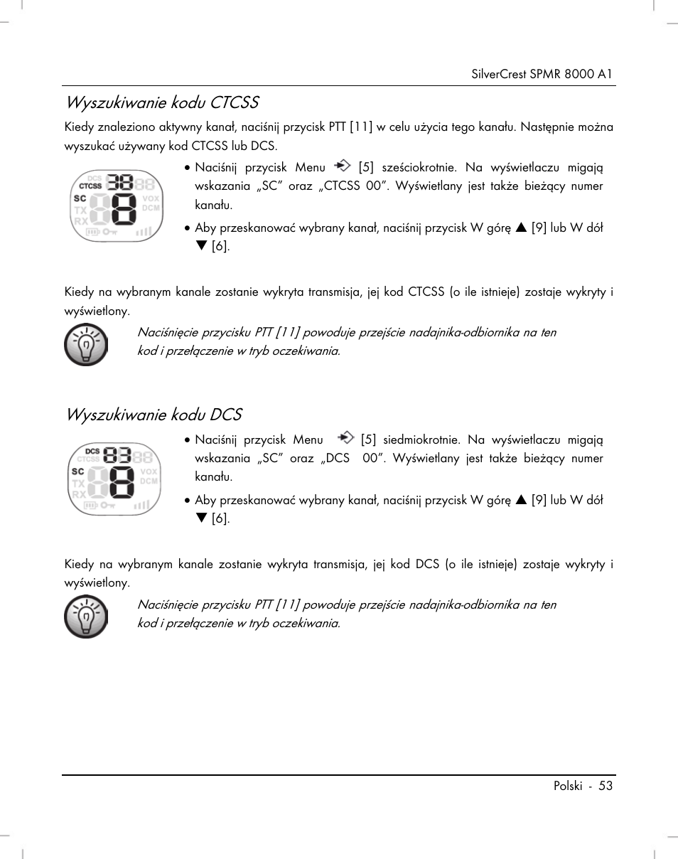 Wyszukiwanie kodu ctcss, Wyszukiwanie kodu dcs | Silvercrest SPMR 8000 A1 User Manual | Page 55 / 184