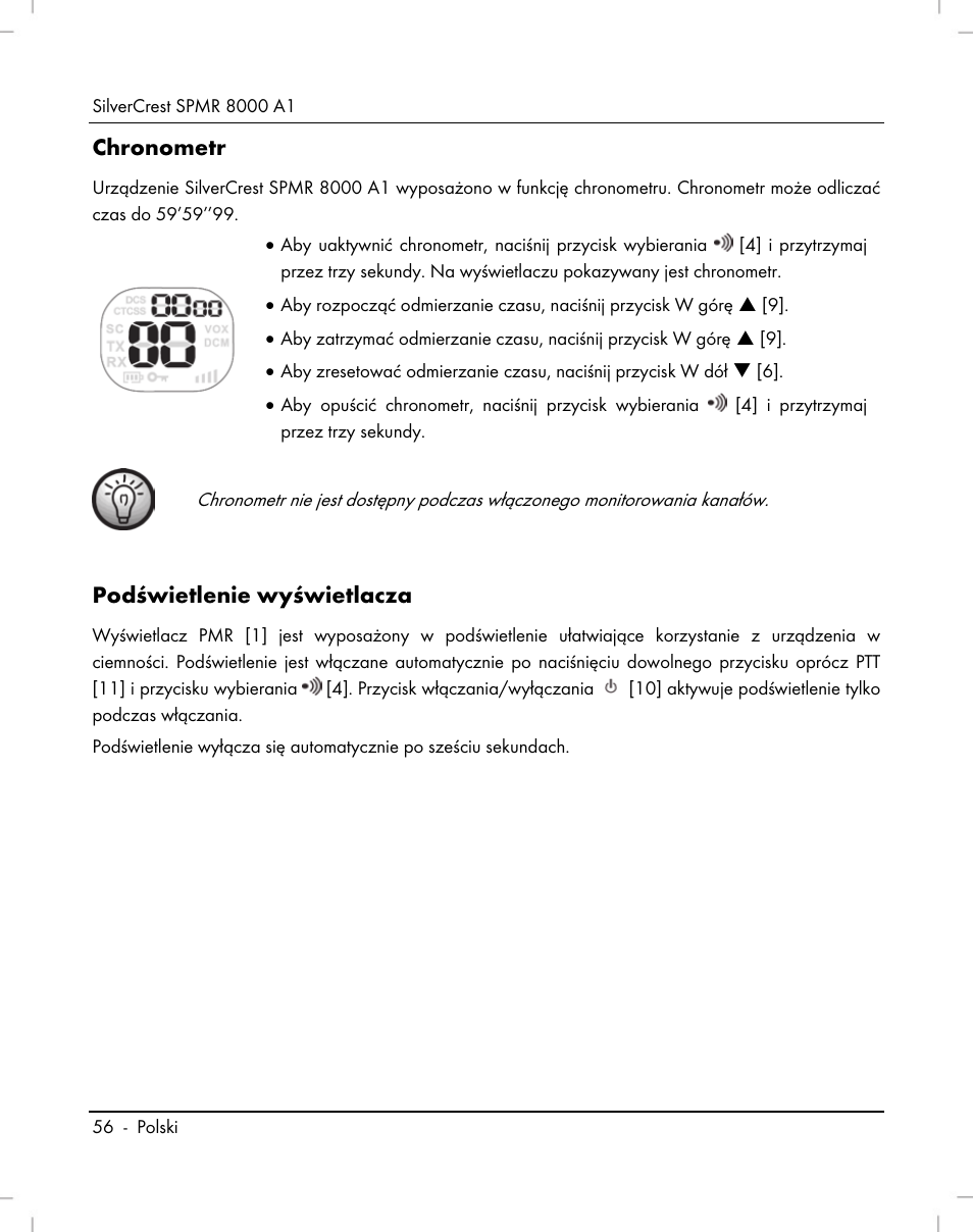 Chronometr, Podświetlenie wyświetlacza | Silvercrest SPMR 8000 A1 User Manual | Page 58 / 184