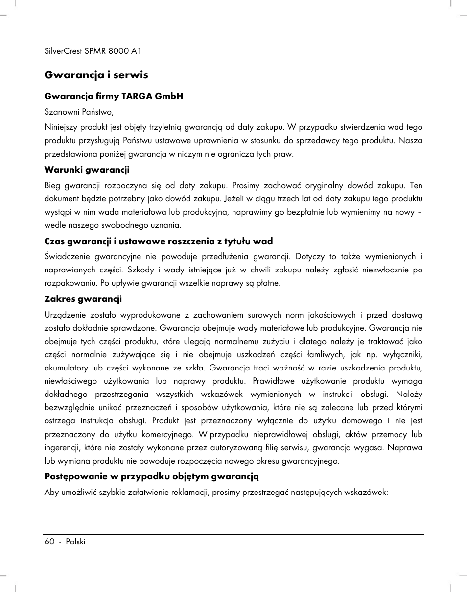 Gwarancja i serwis | Silvercrest SPMR 8000 A1 User Manual | Page 62 / 184