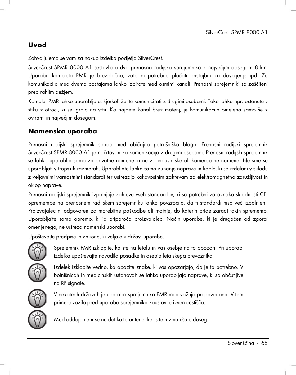 Uvod, Namenska uporaba | Silvercrest SPMR 8000 A1 User Manual | Page 67 / 184