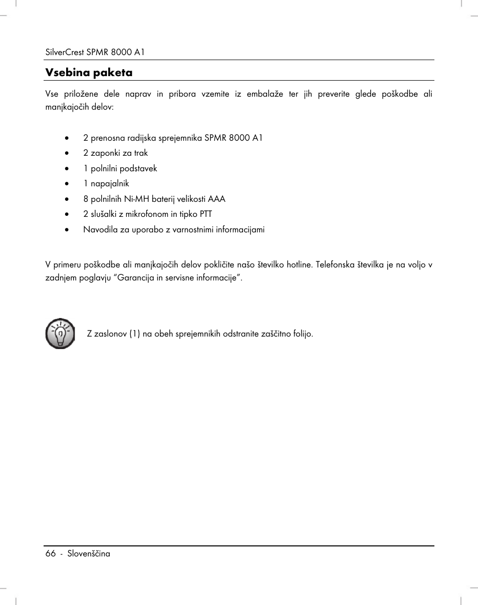 Vsebina paketa | Silvercrest SPMR 8000 A1 User Manual | Page 68 / 184