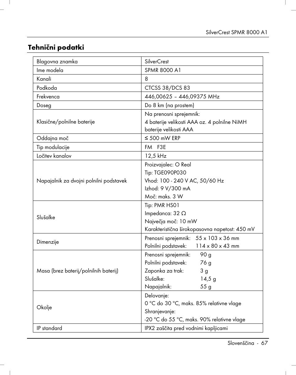 Tehnični podatki | Silvercrest SPMR 8000 A1 User Manual | Page 69 / 184