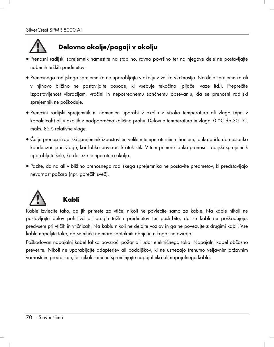 Delovno okolje/pogoji v okolju, Kabli | Silvercrest SPMR 8000 A1 User Manual | Page 72 / 184