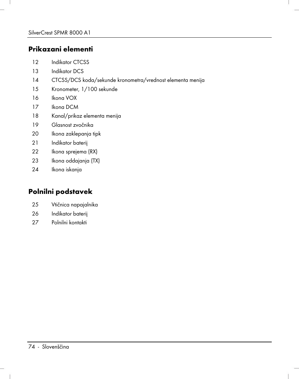 Prikazani elementi, Polnilni podstavek | Silvercrest SPMR 8000 A1 User Manual | Page 76 / 184