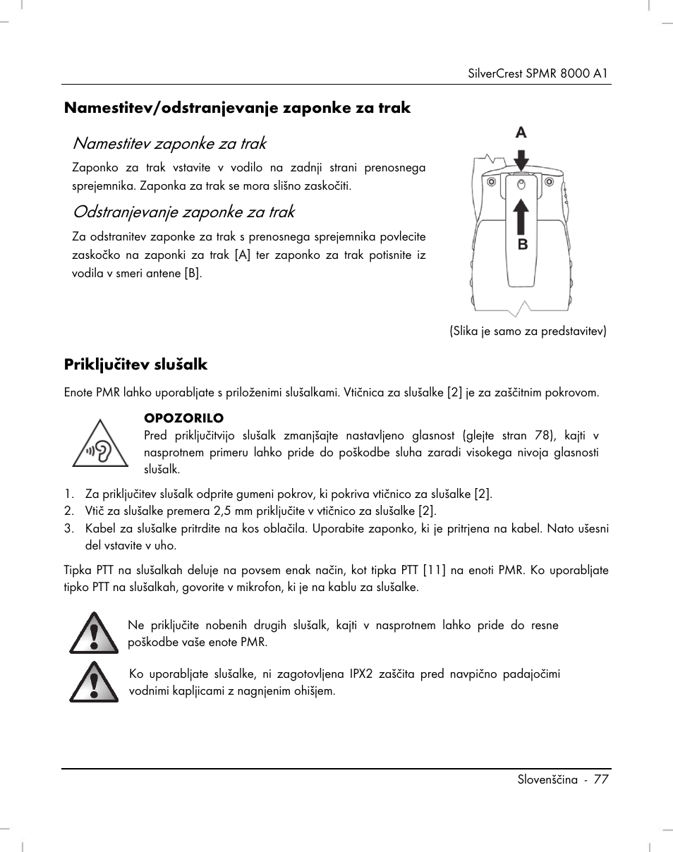 Namestitev zaponke za trak, Odstranjevanje zaponke za trak, Namestitev/odstranjevanje zaponke za trak | Priključitev slušalk | Silvercrest SPMR 8000 A1 User Manual | Page 79 / 184