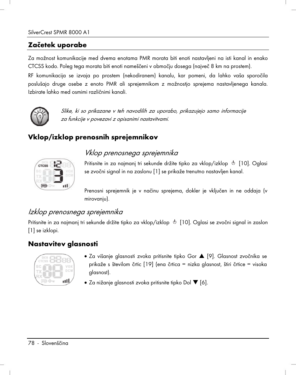 Vklop prenosnega sprejemnika, Izklop prenosnega sprejemnika | Silvercrest SPMR 8000 A1 User Manual | Page 80 / 184