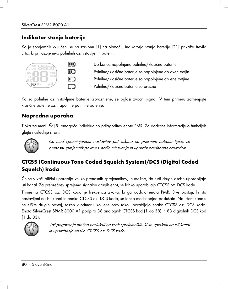 Indikator stanja baterije, Napredna uporaba | Silvercrest SPMR 8000 A1 User Manual | Page 82 / 184