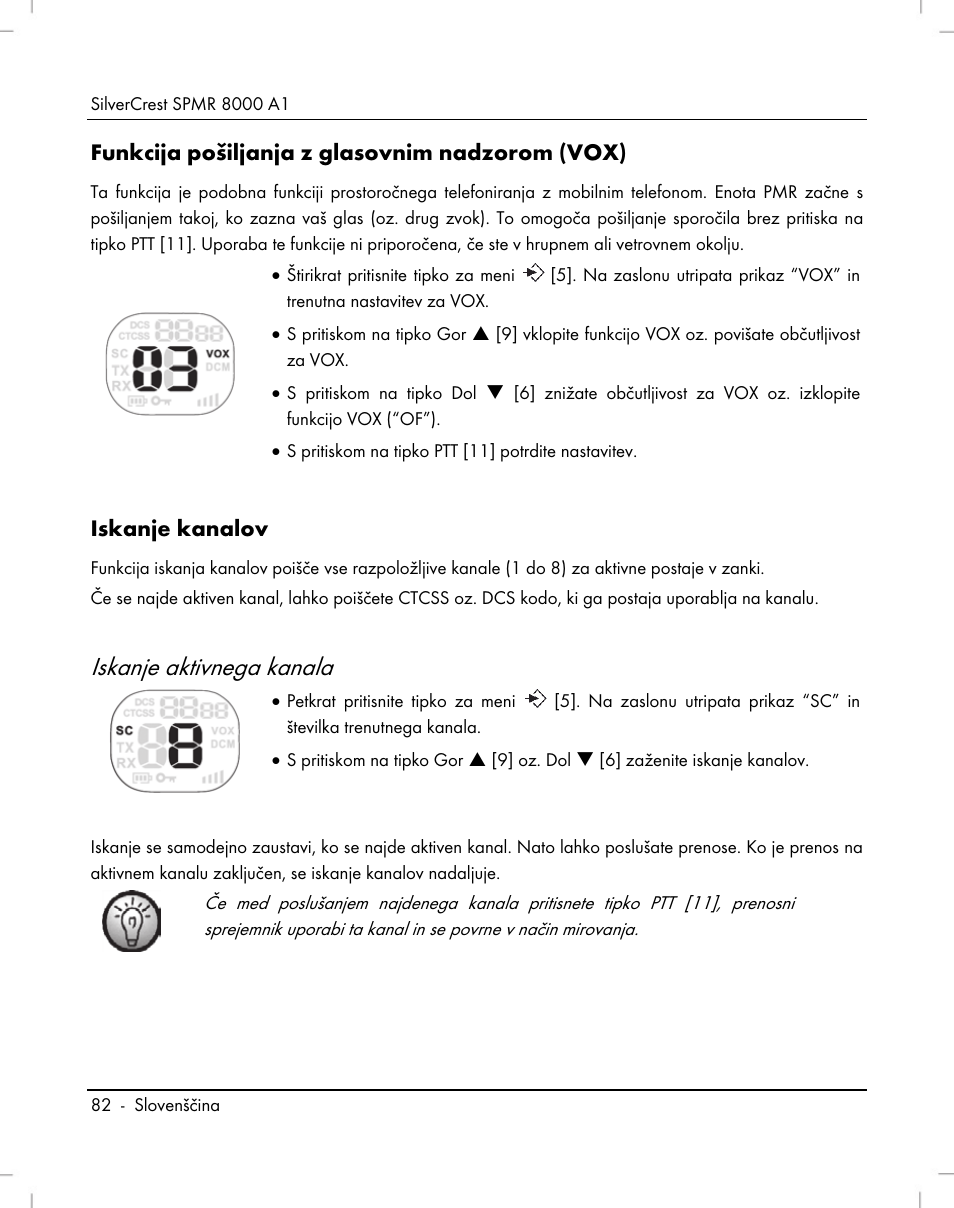 Iskanje aktivnega kanala, Funkcija pošiljanja z glasovnim nadzorom (vox), Iskanje kanalov | Silvercrest SPMR 8000 A1 User Manual | Page 84 / 184