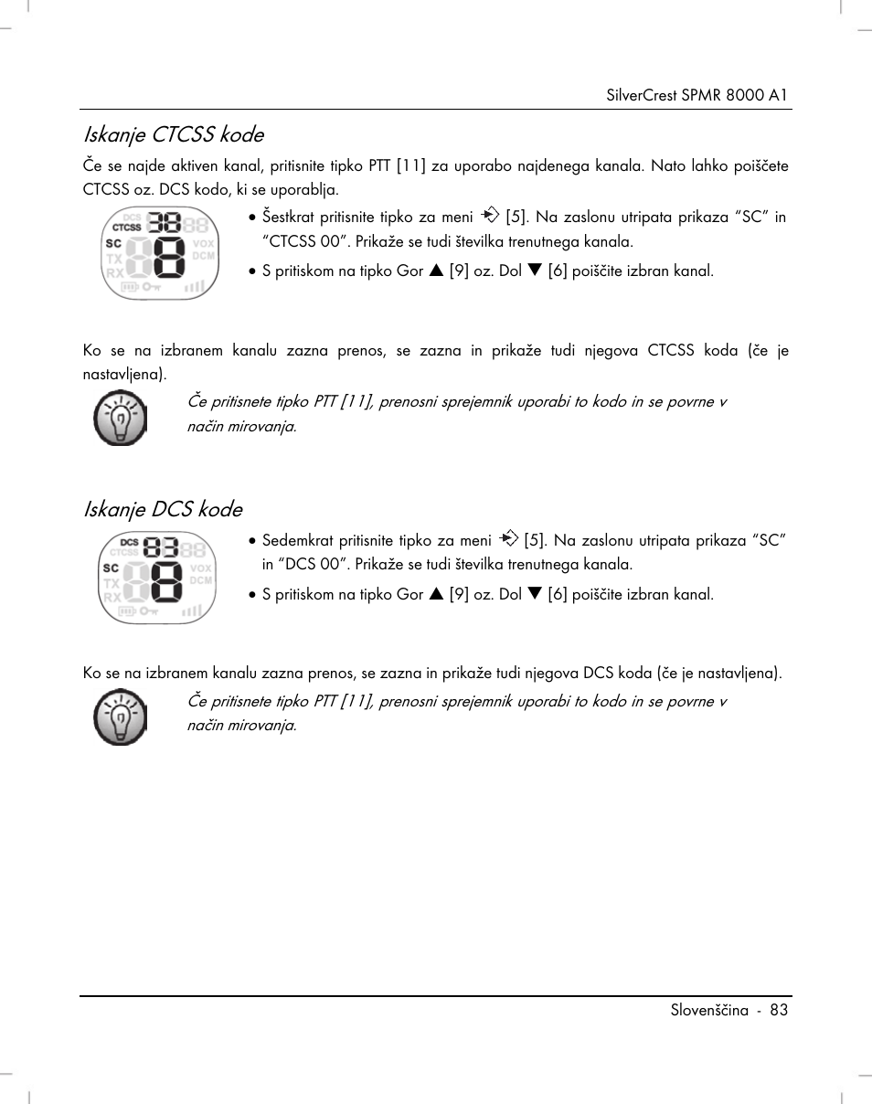 Iskanje ctcss kode, Iskanje dcs kode | Silvercrest SPMR 8000 A1 User Manual | Page 85 / 184