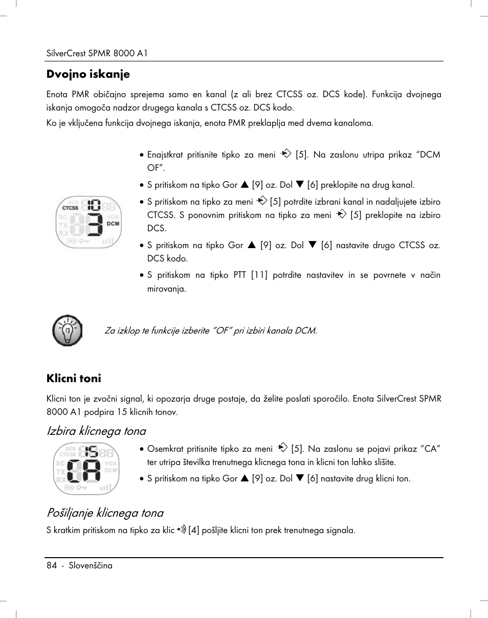 Izbira klicnega tona, Pošiljanje klicnega tona | Silvercrest SPMR 8000 A1 User Manual | Page 86 / 184