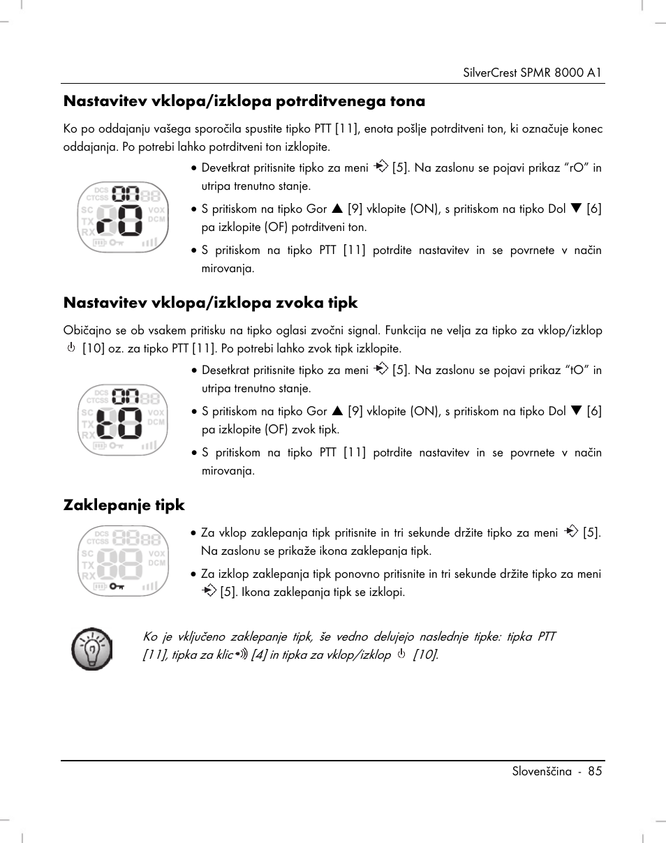 Nastavitev vklopa/izklopa potrditvenega tona, Nastavitev vklopa/izklopa zvoka tipk, Zaklepanje tipk | Silvercrest SPMR 8000 A1 User Manual | Page 87 / 184