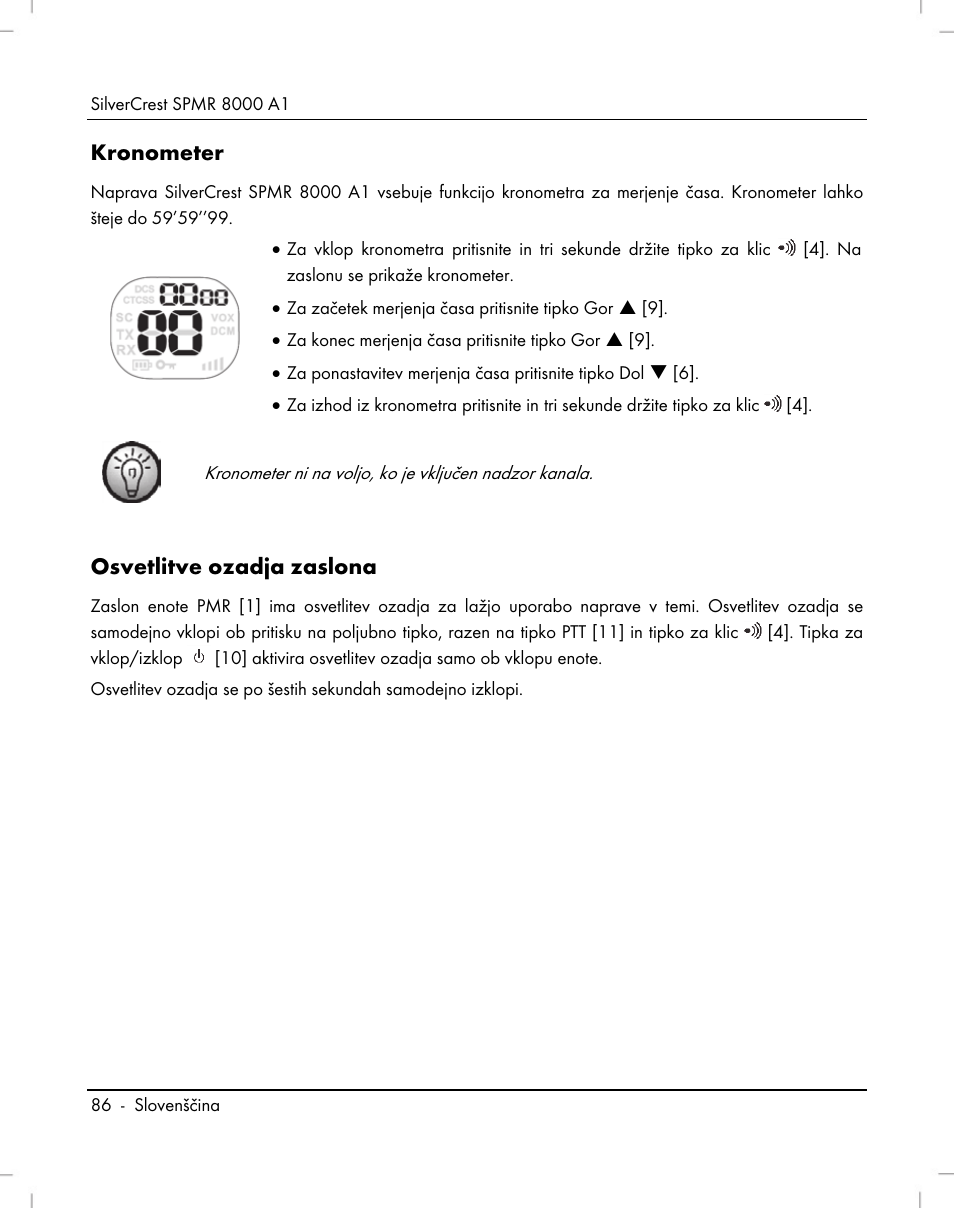 Kronometer, Osvetlitve ozadja zaslona | Silvercrest SPMR 8000 A1 User Manual | Page 88 / 184