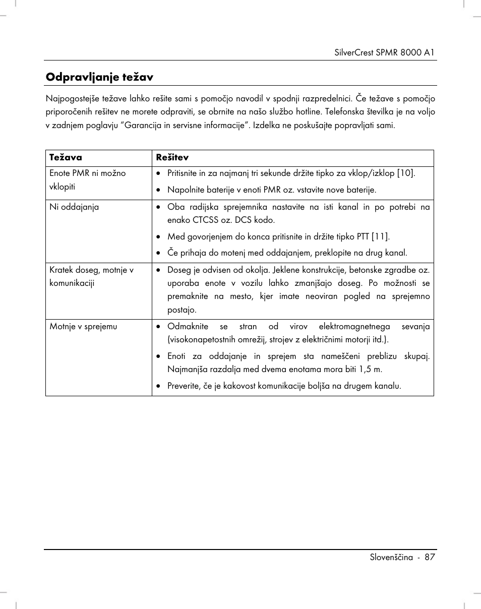 Odpravljanje težav | Silvercrest SPMR 8000 A1 User Manual | Page 89 / 184