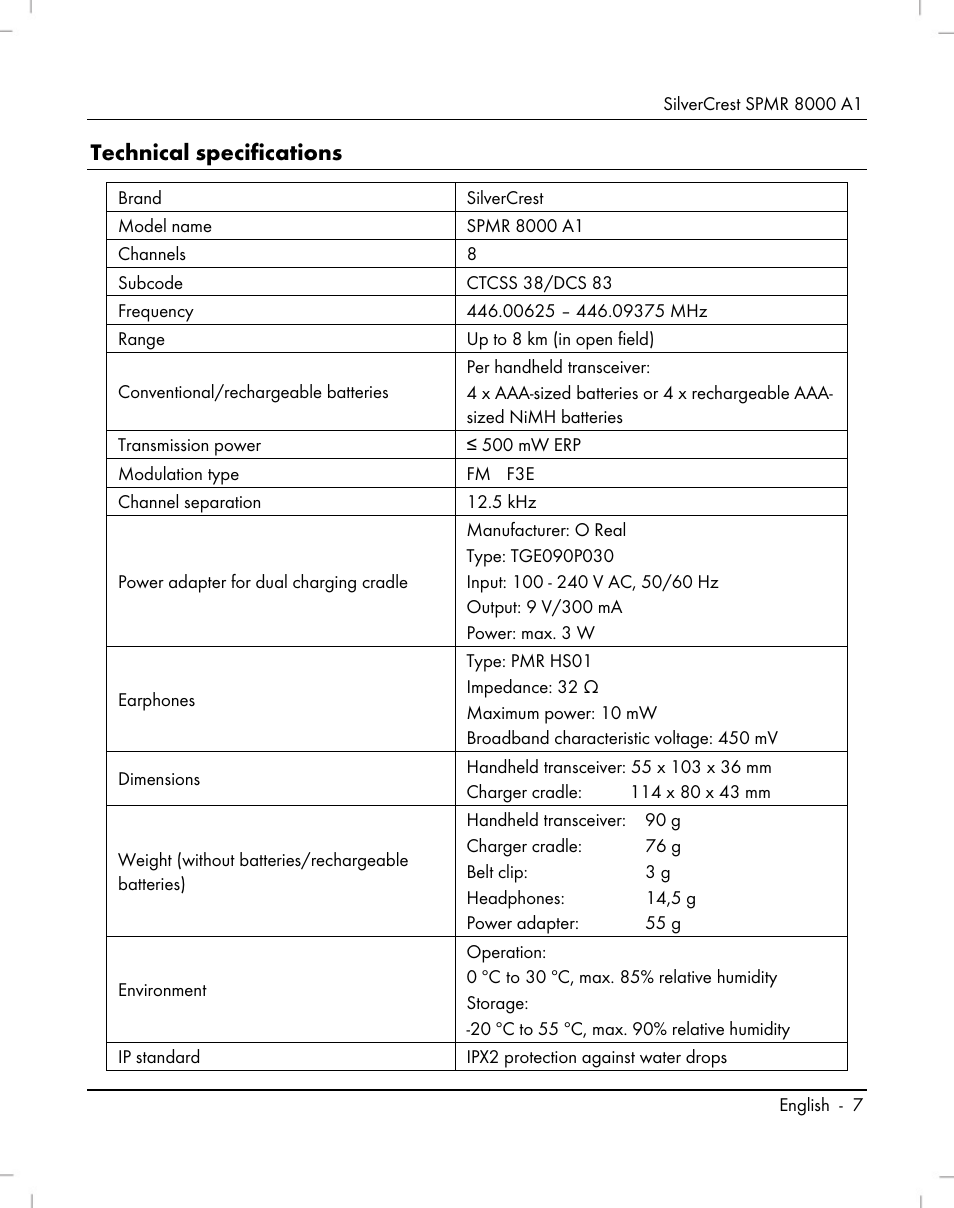 Technical specifications | Silvercrest SPMR 8000 A1 User Manual | Page 9 / 184