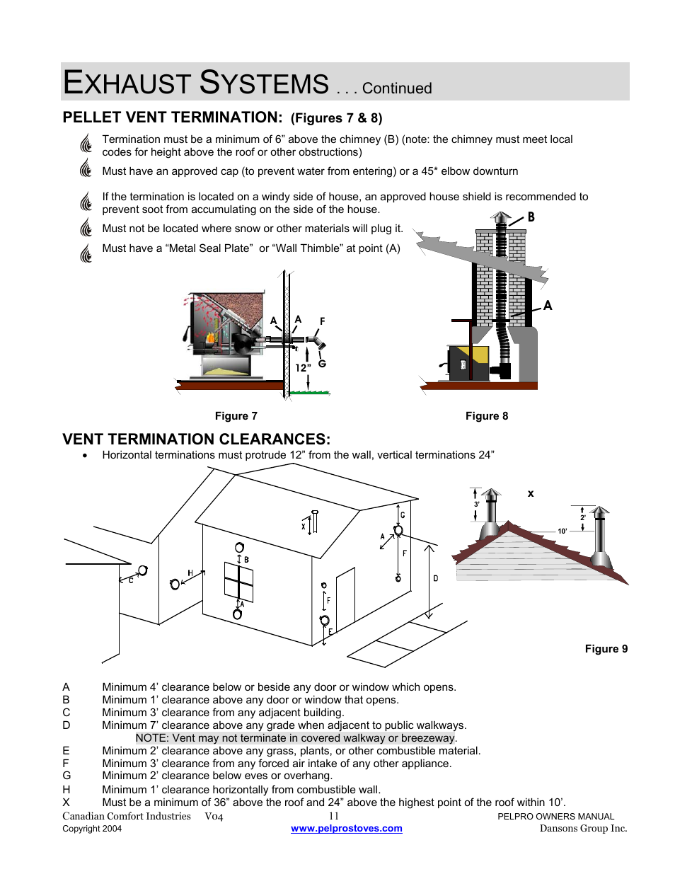 Xhaust, Ystems, Continued | Pellet vent termination, Vent termination clearances | Dansons Group IPP User Manual | Page 11 / 40