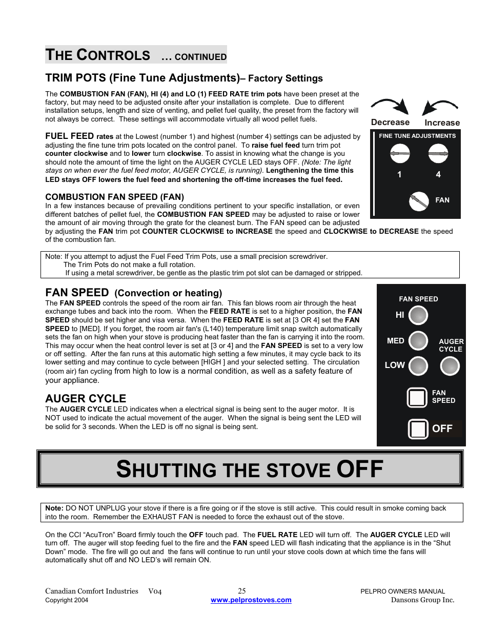 Hutting the stove, Ontrols, Trim pots (fine tune adjustments) | Fan speed, Auger cycle | Dansons Group IPP User Manual | Page 25 / 40