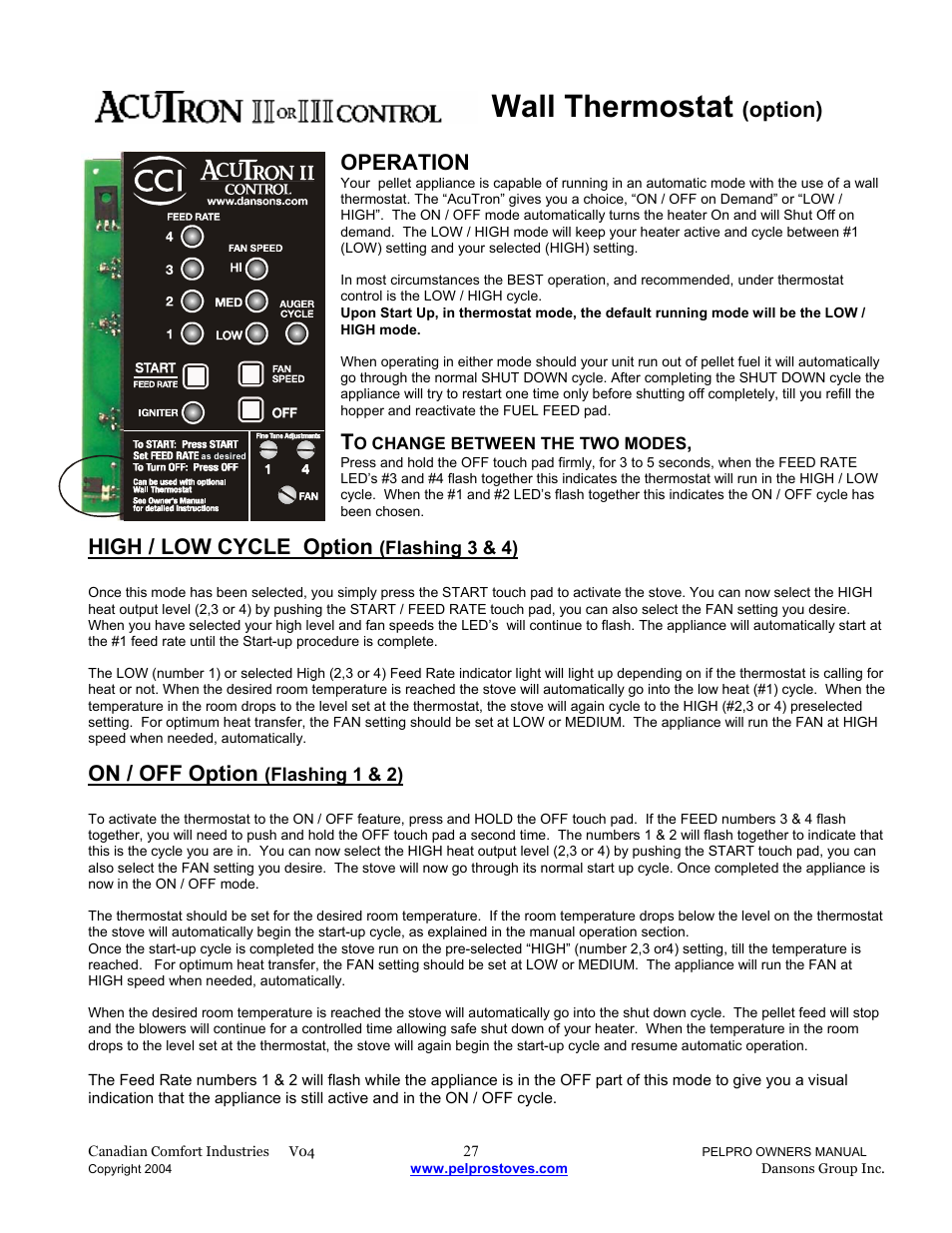 Wall thermostat, Option), Operation | High / low cycle option, On / off option | Dansons Group IPP User Manual | Page 27 / 40