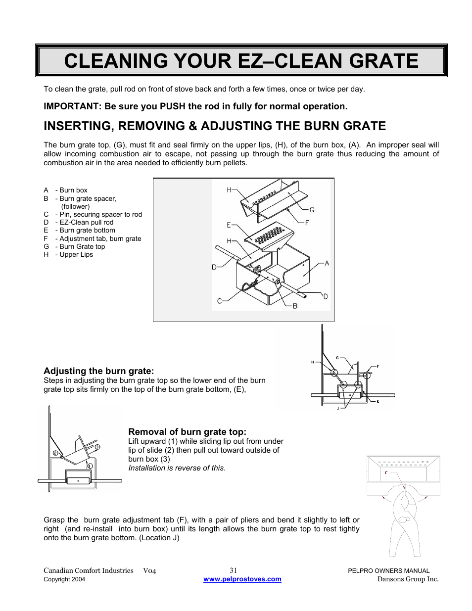 Cleaning your ez–clean grate, Inserting, removing & adjusting the burn grate | Dansons Group IPP User Manual | Page 31 / 40