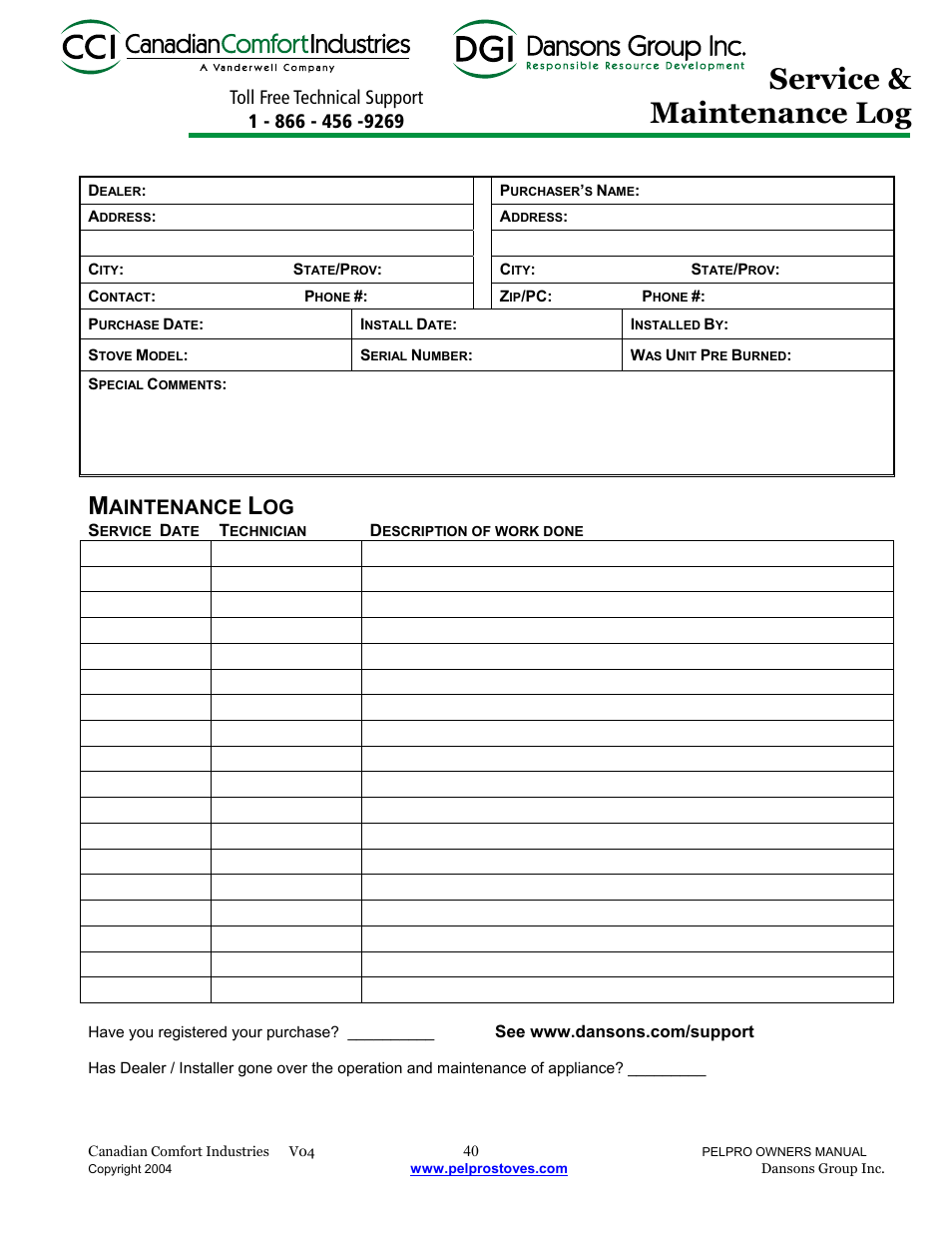 Service & maintenance log | Dansons Group IPP User Manual | Page 40 / 40