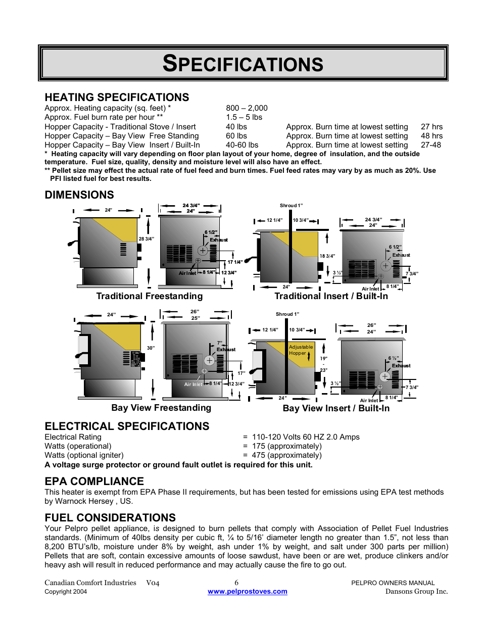 Pecifications, Heating specifications, Dimensions | Electrical specifications, Epa compliance, Fuel considerations | Dansons Group IPP User Manual | Page 6 / 40