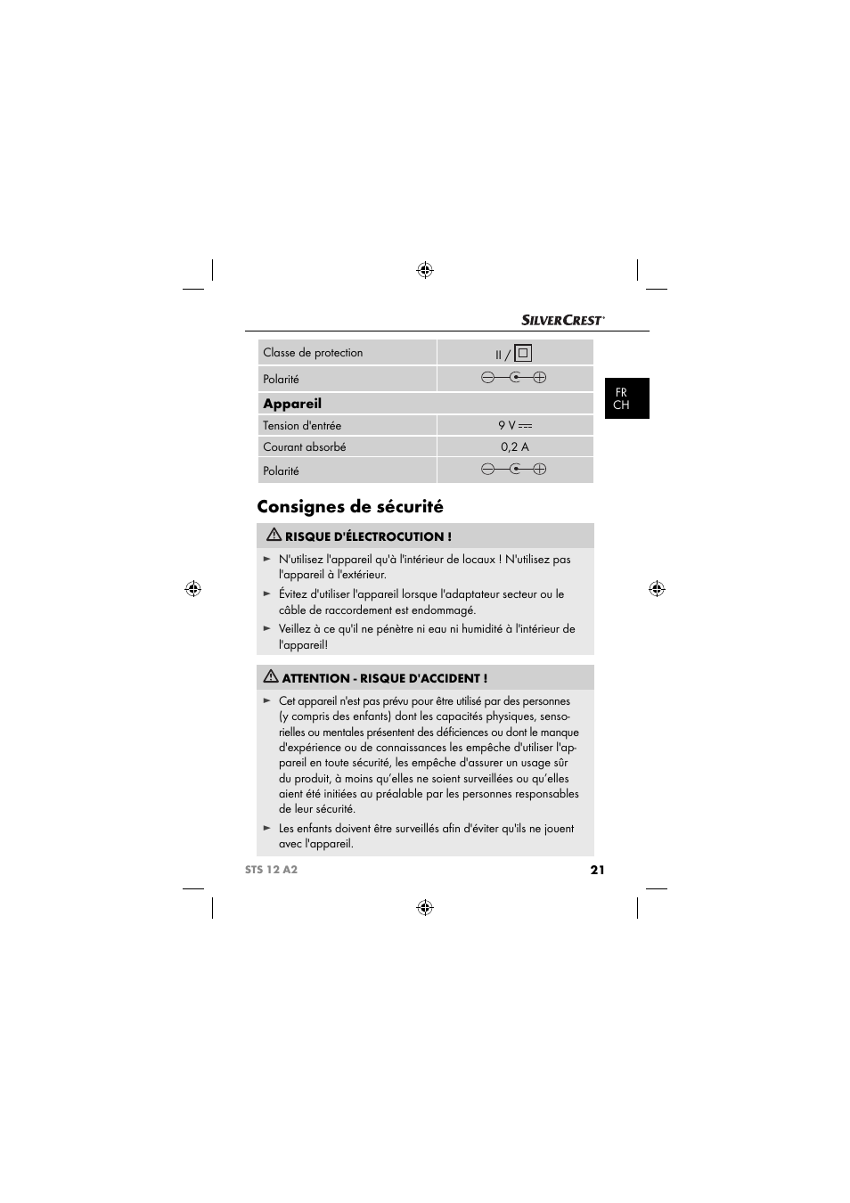 Consignes de sécurité, Appareil | Silvercrest STS 12 A2 User Manual | Page 24 / 67