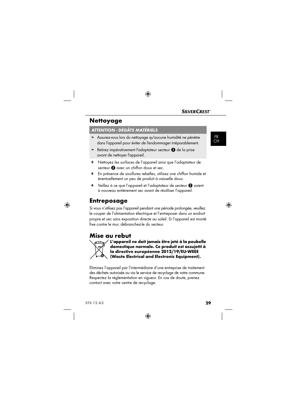 Nettoyage, Entreposage, Mise au rebut | Silvercrest STS 12 A2 User Manual | Page 32 / 67