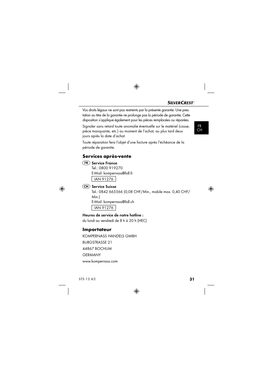 Services après-vente, Importateur | Silvercrest STS 12 A2 User Manual | Page 34 / 67