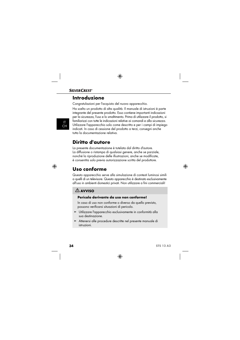 Introduzione, Diritto d'autore, Uso conforme | Silvercrest STS 12 A2 User Manual | Page 37 / 67