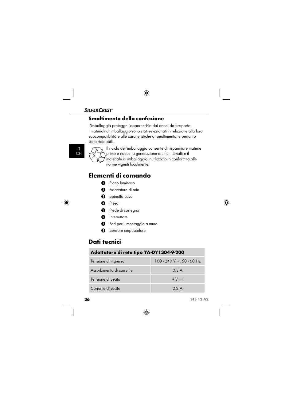 Elementi di comando, Dati tecnici, Smaltimento della confezione | Silvercrest STS 12 A2 User Manual | Page 39 / 67