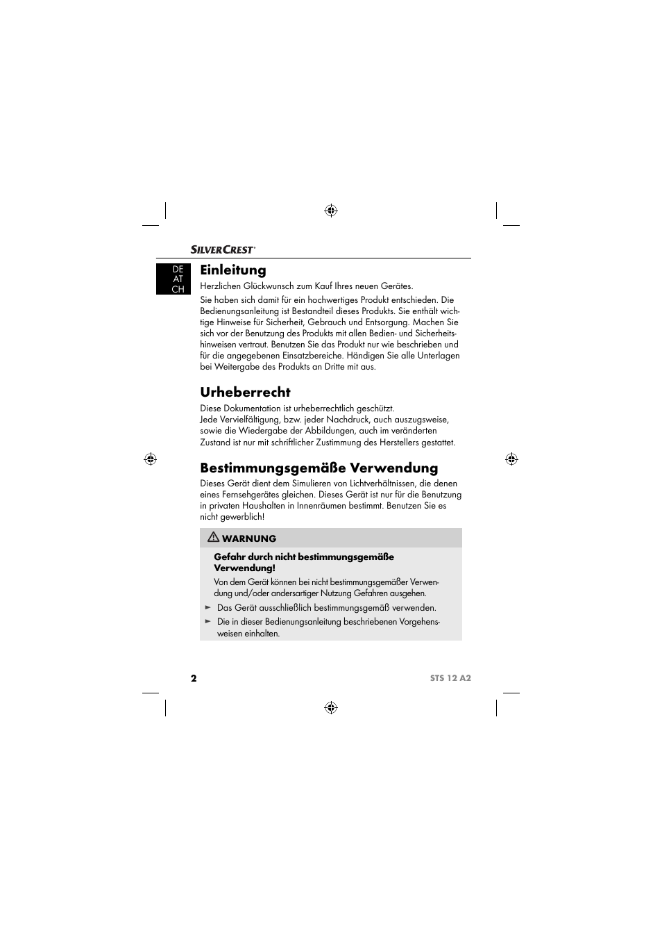 Einleitung, Urheberrecht, Bestimmungsgemäße verwendung | Silvercrest STS 12 A2 User Manual | Page 5 / 67