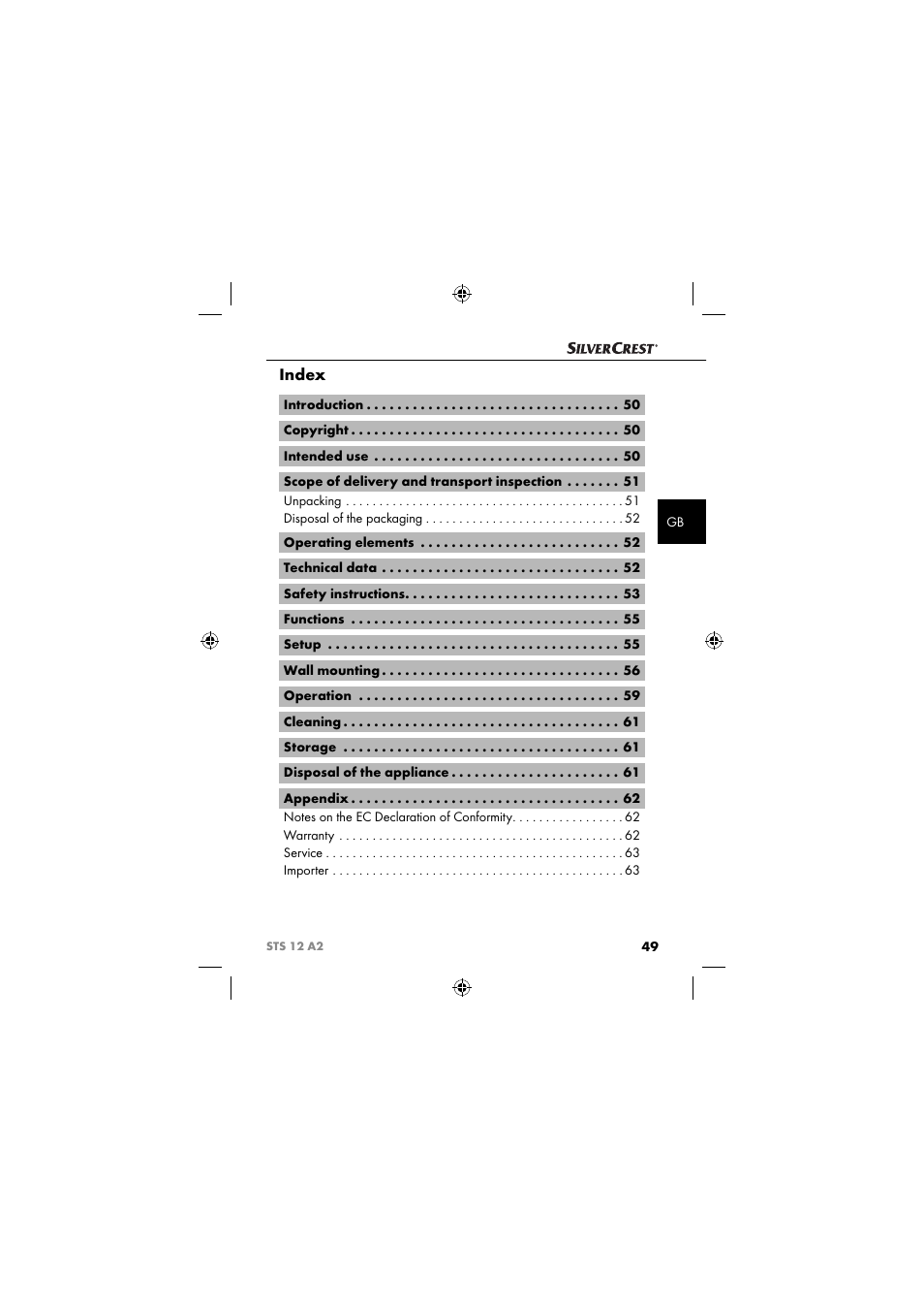 Index | Silvercrest STS 12 A2 User Manual | Page 52 / 67