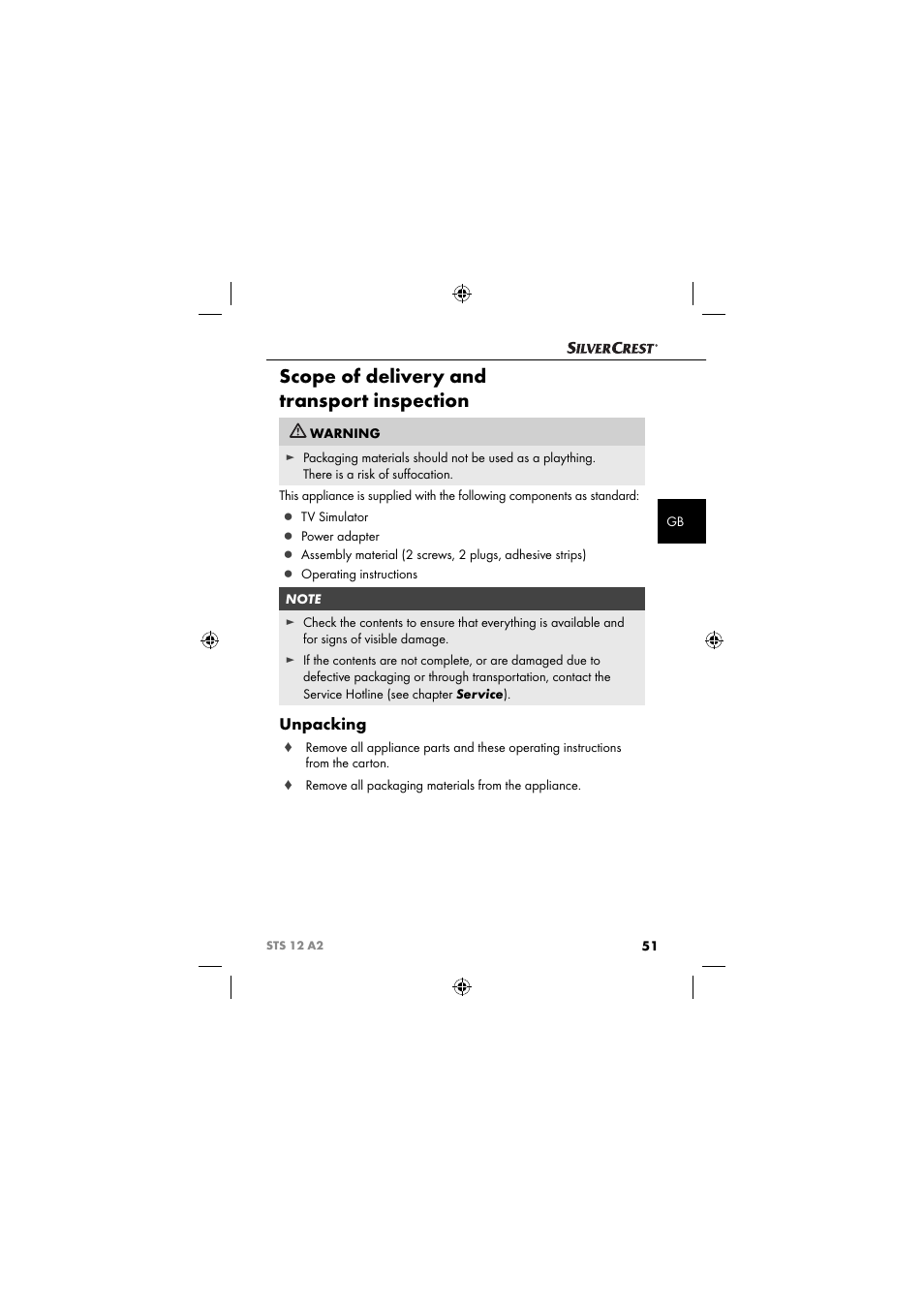 Scope of delivery and transport inspection, Unpacking | Silvercrest STS 12 A2 User Manual | Page 54 / 67