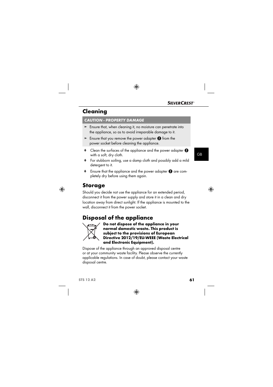 Cleaning, Storage, Disposal of the appliance | Silvercrest STS 12 A2 User Manual | Page 64 / 67