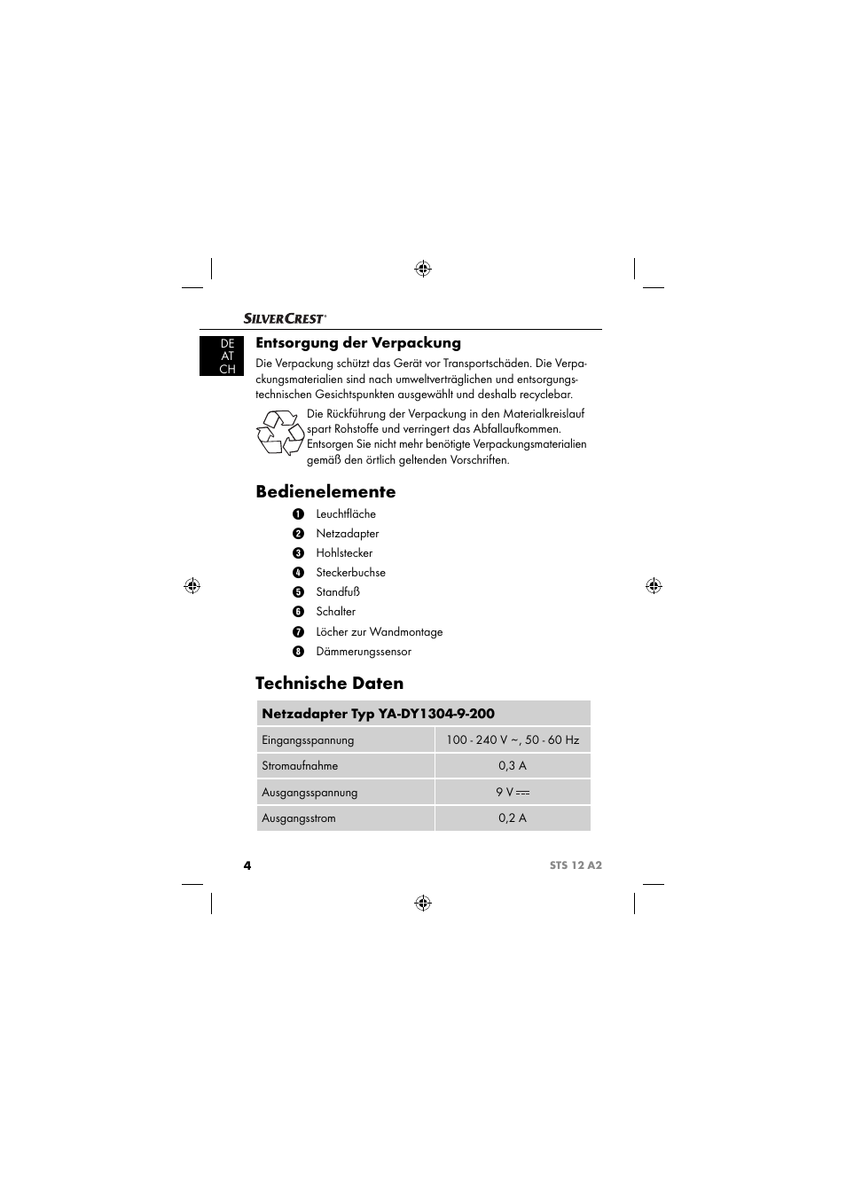 Bedienelemente, Technische daten, Entsorgung der verpackung | Silvercrest STS 12 A2 User Manual | Page 7 / 67